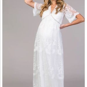 NWT PinkBlush White Lace Mesh Overlay Maternity Maxi Dress